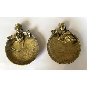 Pair Of Early 20th Bronze Trinket Trays. Guignol And Gnafron Lyonnais Puppets.
