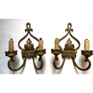 Pair Of Wrought Iron And Gilt Wall Lights, Mid-20th Century. 