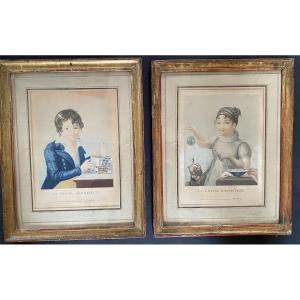 Paire de gravures encadrées début XIXème. “Le petit architecte”et  “La petite physiciene”.