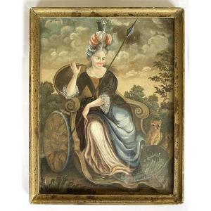 Pallas Athena ou Minerve sur son char. Gouache sur papier fin XVIIème/ début XVIIIème. 