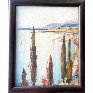 André Suzanne. “Vue de la ville de Menton”. Huile sur toile encadrée milieu XXème. 