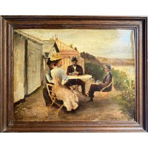 “playing Cards  By The Sea”. Framed Oil On Canvas Board. French School. Late XIXth. 