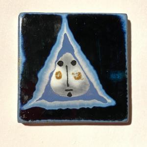 Roger Capron. Ceramic Tile, Mid 20th Century. Small Blue Face.