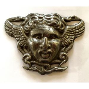 Medusa Head. Decorative Plate In 19th Century Stamped Metal.
