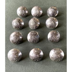 Set Of 12 19th Century Livery Buttons. Silver-plated Metal. Monogram And County Crown.