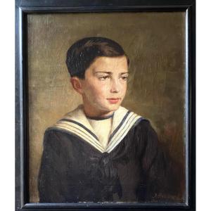 Xavier Bricard. Portrait Of A Young Boy In Sailor Suit. Framed Oil On Canvas. 1908.