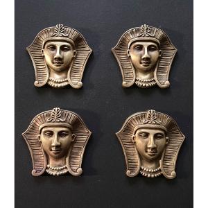Egyptomania. Suite Of Four 19th Century Ornamental Bronzes. Faces Of Pharaohs.