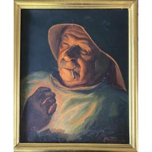 Louis Montaigu. Portrait d’un marin de Berck allumant sa cigarette. Huile sur toile XXème. 