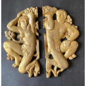 Art Deco Ornamental Bronzes. Couple Carrying A Fruit Basket. Adam And Eve In Paradise.