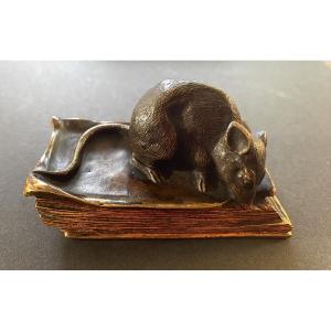Souris grignotant un livre. Bronze animalier. Presse-papiers en bronze XIXème.