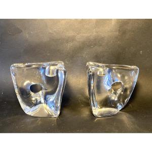 Pair Of Modernist Crystal Candlesticks. Daum France, 1970s.