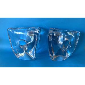 Pair Of Modernist Crystal Candlesticks. Daum France, 1970s.