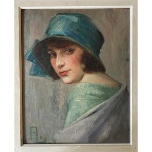Augusta Lafitau. Art Deco Portrait Of An Elegant Young Woman. Oil On Cardboard, Early 20th Century.  