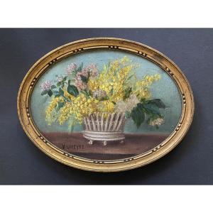 Victoria Lapeyre. Bouquet Of Flowers. Framed Oil On Wood. Late 19th Century. Early 20th Century