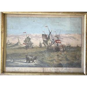 “sailing On The Ice.” 18th Color-enhanced Engraving. Polar Seascape. Whaling.