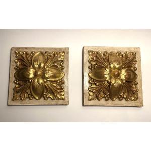 Pair Of Ornaments. Carved Wood Gilded With Gold Leaf. Floral Design In Relief. Mid-20th.