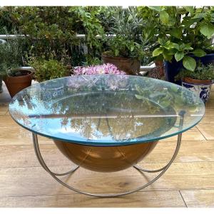 Xavier Dumont. Table basse années 60/70. Acier chromé, verre et plexiglass.