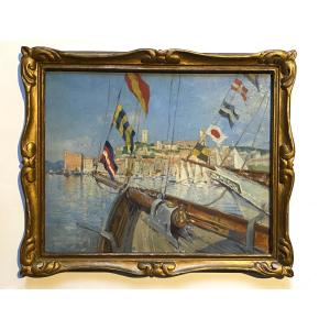 “ Ships Flying Flags. Port Of Cannes.” Framed Oil On Cardboard. Early 20th- French School.