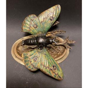 Curiosity. 19th Polychrome Bronze Paperweight. Butterflies With Articulated Wings.