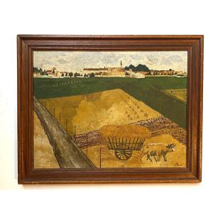 “country Landscape.” Framed Oil On Cardboard, Mid-20th Century. French Naïve School.