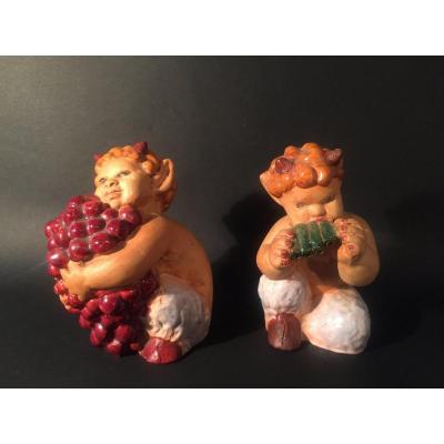 Pair Of Small Ceramic Fauns. J. Noël.