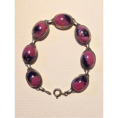 Bracelet en Argent Et Cabochons de Rhodonite. XXème.