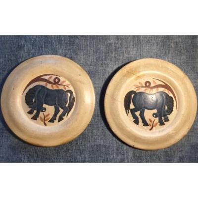 Pair Of Painted Wooden Medallions. Horses. Mid XXth.