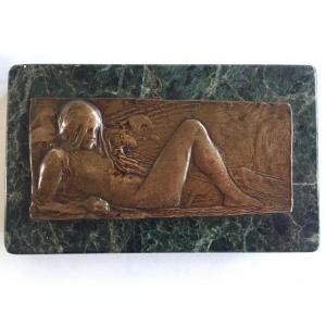 Art Nouveau Bronze Bas-relief. Reclining Female Nude.
