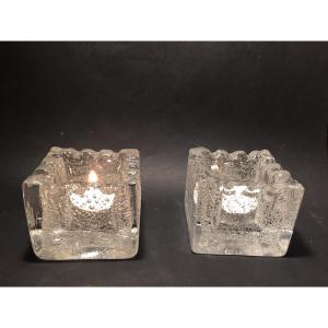 Pair Of Table Candle Holders. Crystal. Daum. France.