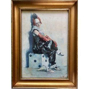 Circus Clowness Sitting On A Dice. Watercolor By Carlo Chiostri. Early 20th Century