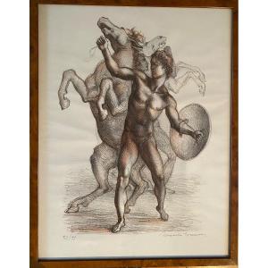 Naked Warrior Holding A Rearing Horse. Neoclassical Lithography. Mid XXth.