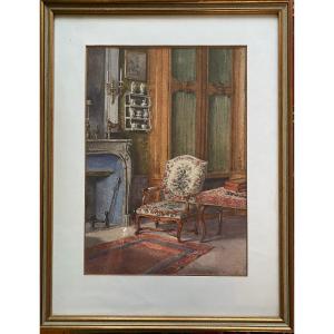 19th Century Watercolor. Furnished Interior.