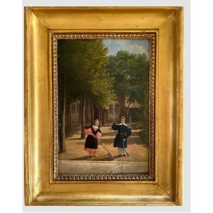 «  Children Games In A Schoolyard ». Framed Oil On Canvas. Early XIXth