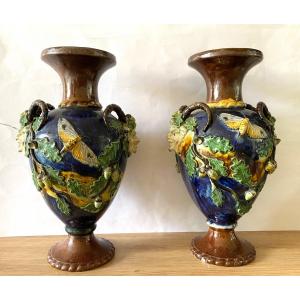 Paire De Vases En Barbotine XIXème. Faunes, Feuilles De Chêne Et Papillons.  Thomas Sergent.