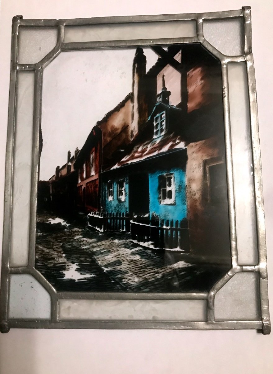 Vitrail  Peinture En Fixé Sous Verre d'Une Rue 