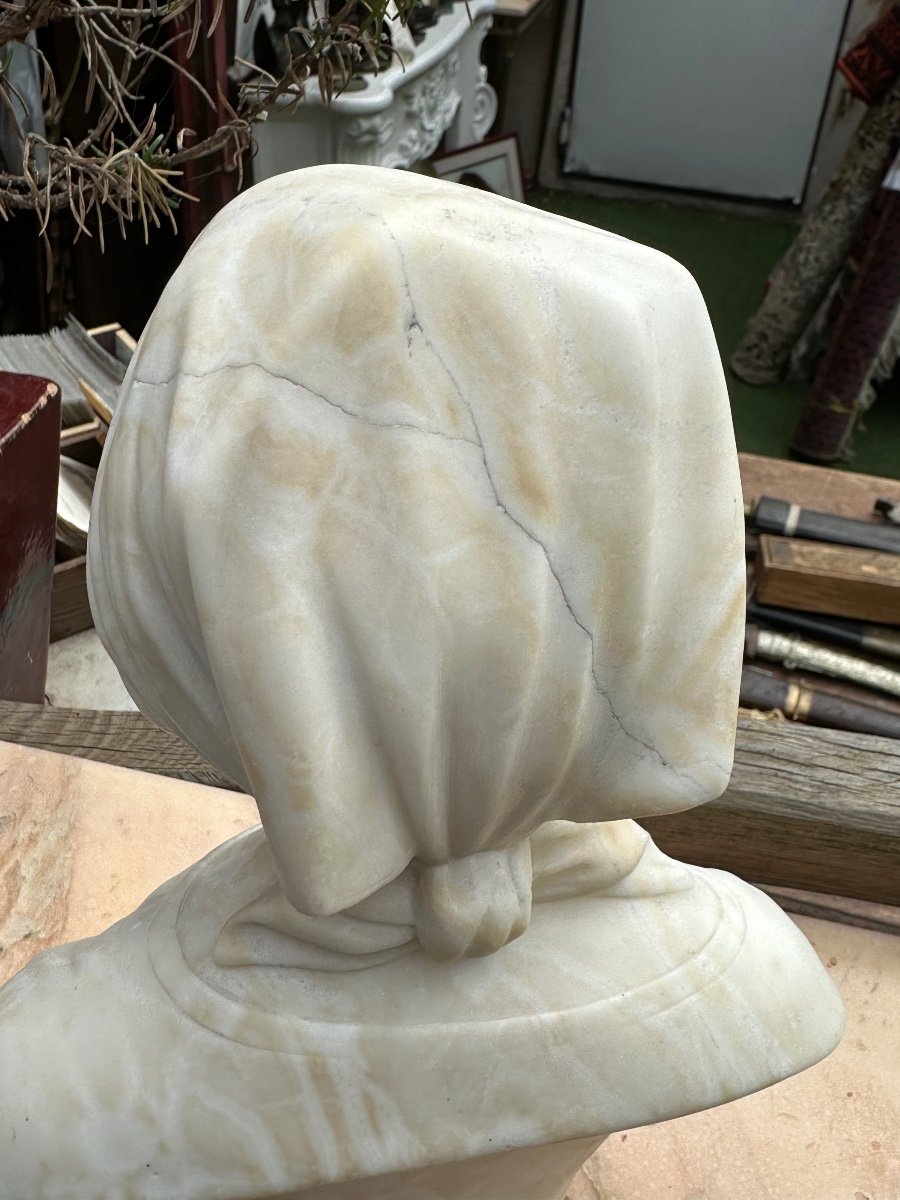 Bust Of Young Woman With Fichu In White Carrara Marble Signed Pugi-photo-4
