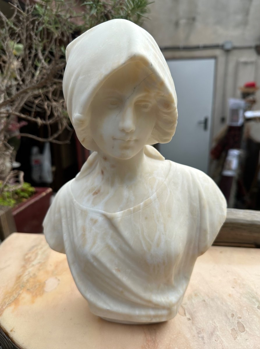 Bust Of Young Woman With Fichu In White Carrara Marble Signed Pugi