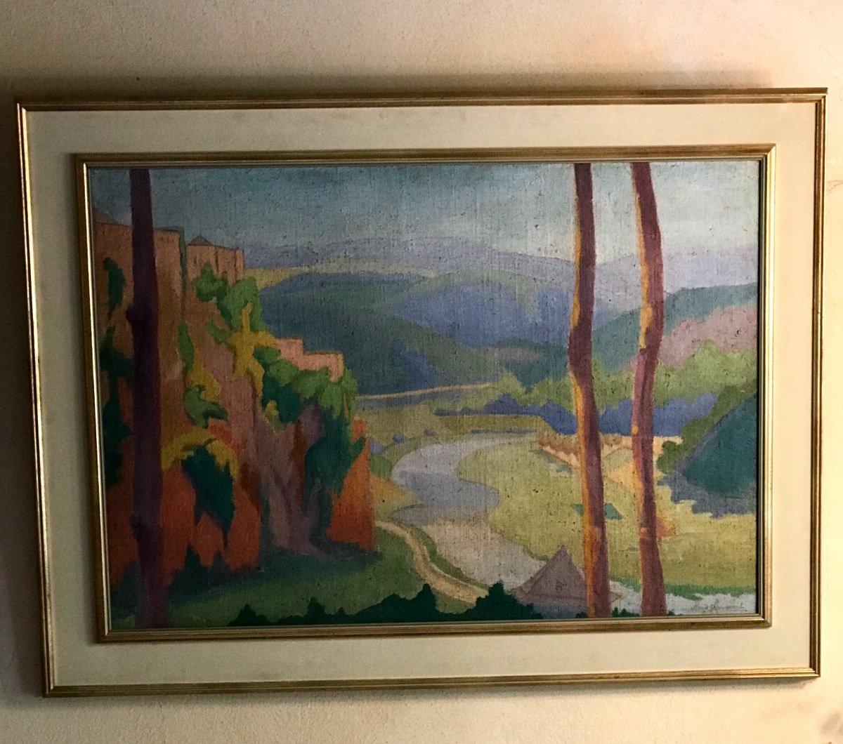 Tableau  " Paysage Au Fleuve "  peut être la Meuse et le chateau de Namur ? Renée  Stievenart