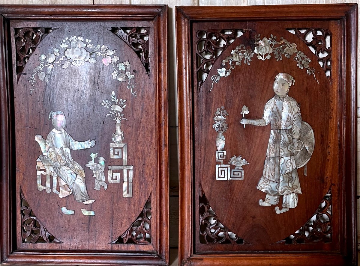 Pair Of Chinese Wood And Mother-of-pearl Panels