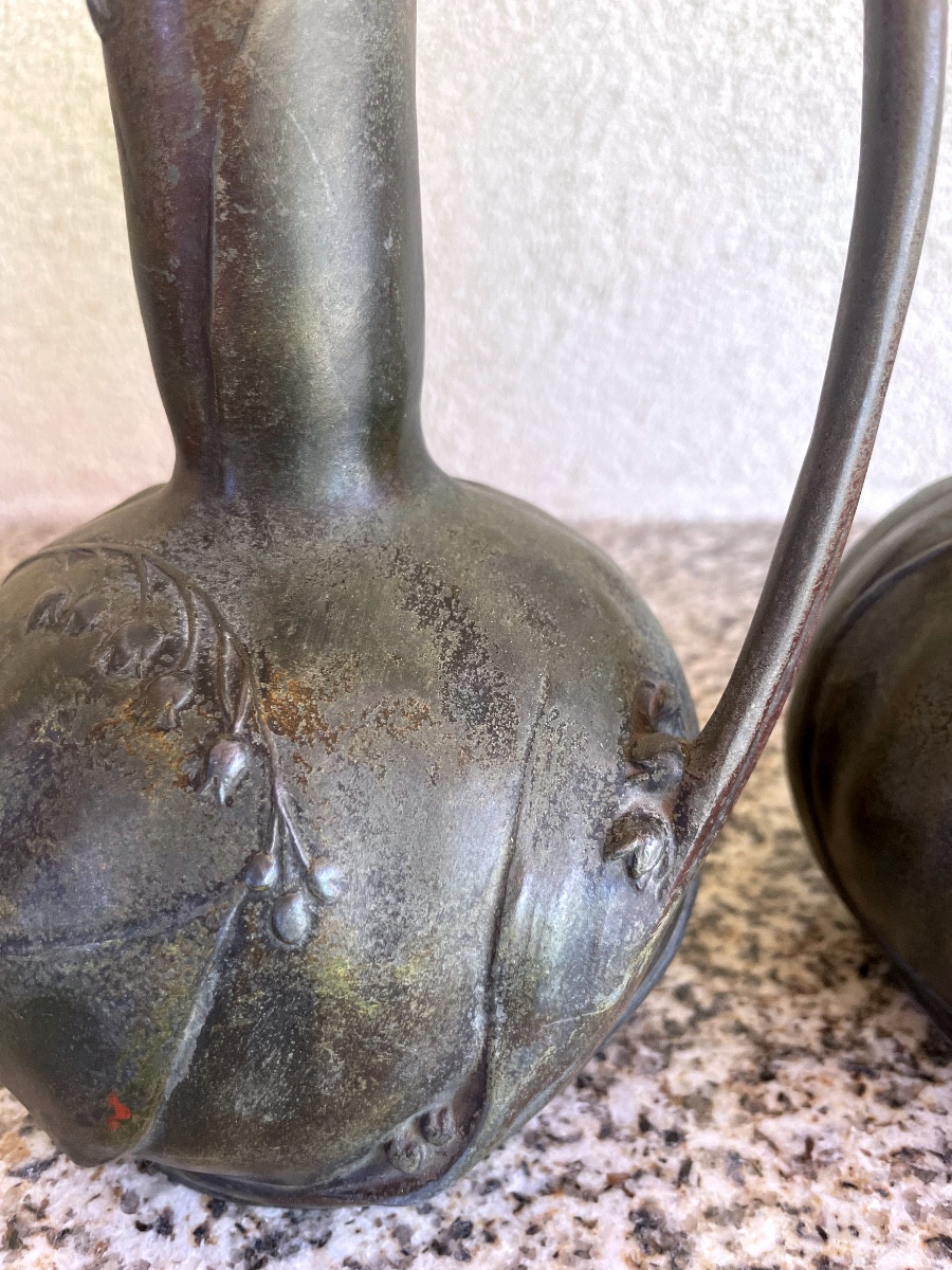 Paire de vases aiguières  signés Chalon  Art Nouveau muguet-photo-3