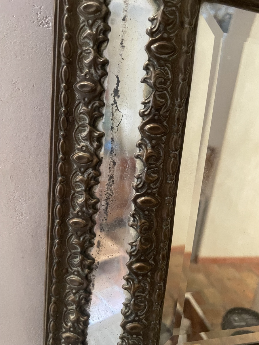 Miroir à parcloses en laiton repoussé de style Louis XIV d'époque XIX ème -photo-4