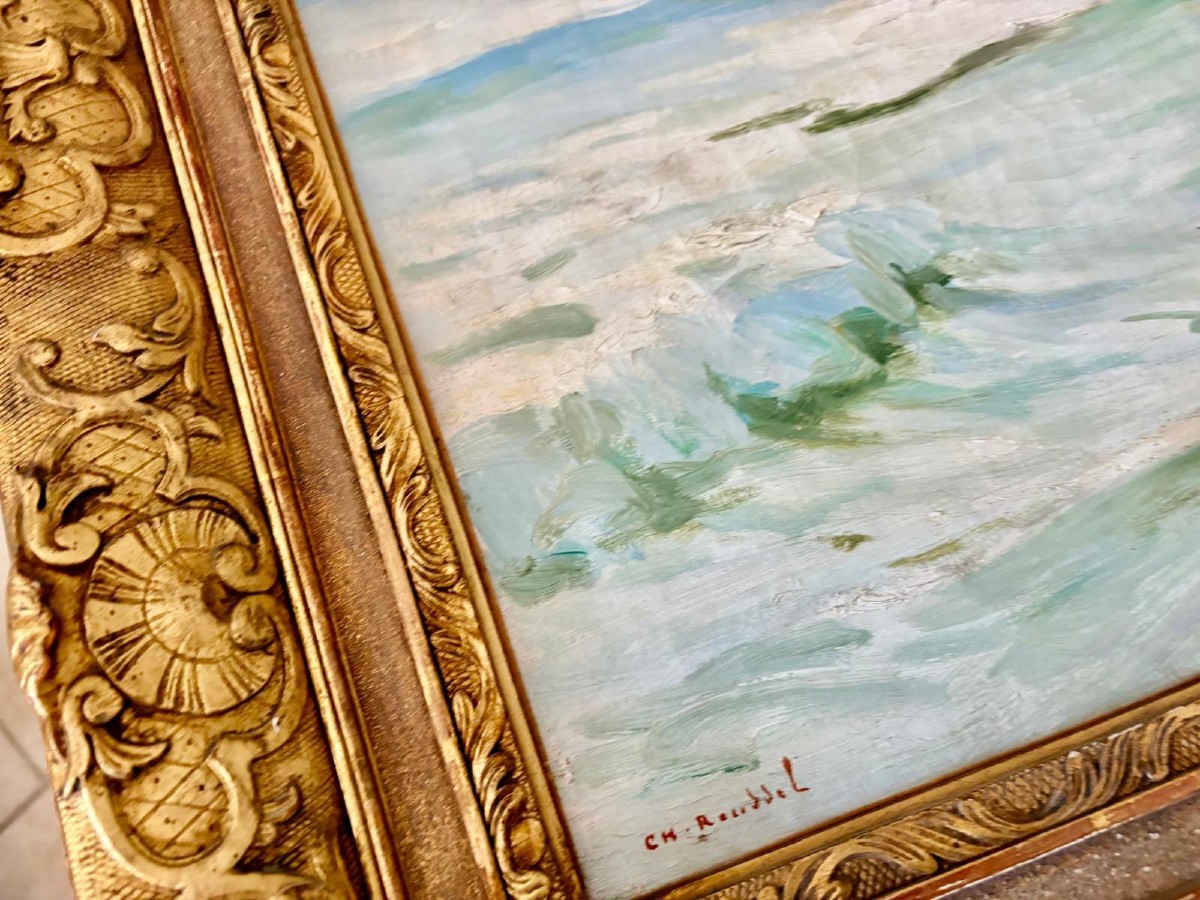 Grande Huile sur toile par Charles Emile-Joseph ROUSSEL 1861 : 1936  pêcheurs en mer à Berck-photo-3