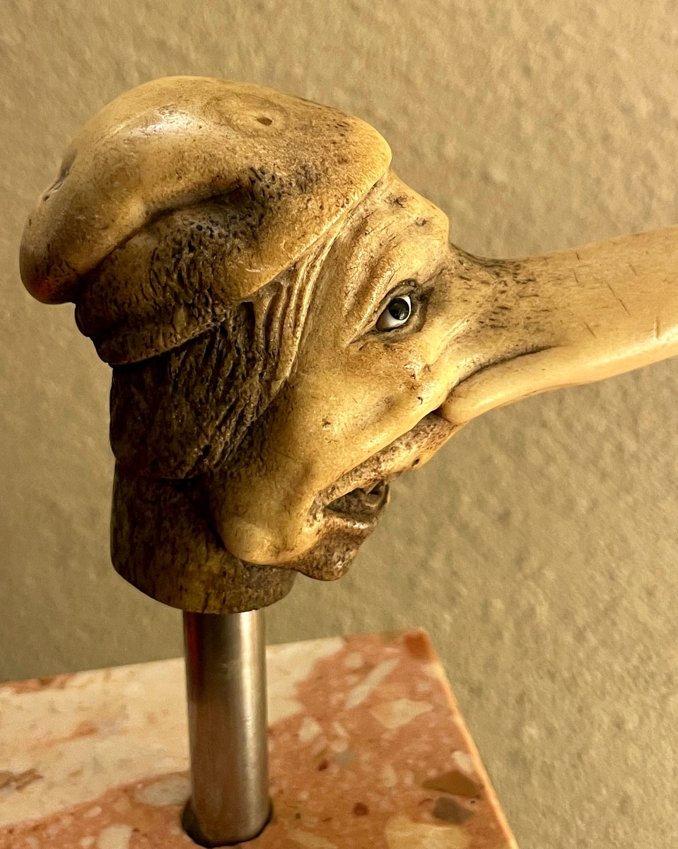 Grotesque Double-sided Walking Stick Handle Made Of Antler, Late 19th Century-photo-4
