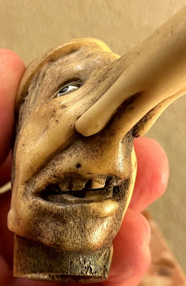 Grotesque Double-sided Walking Stick Handle Made Of Antler, Late 19th Century-photo-1