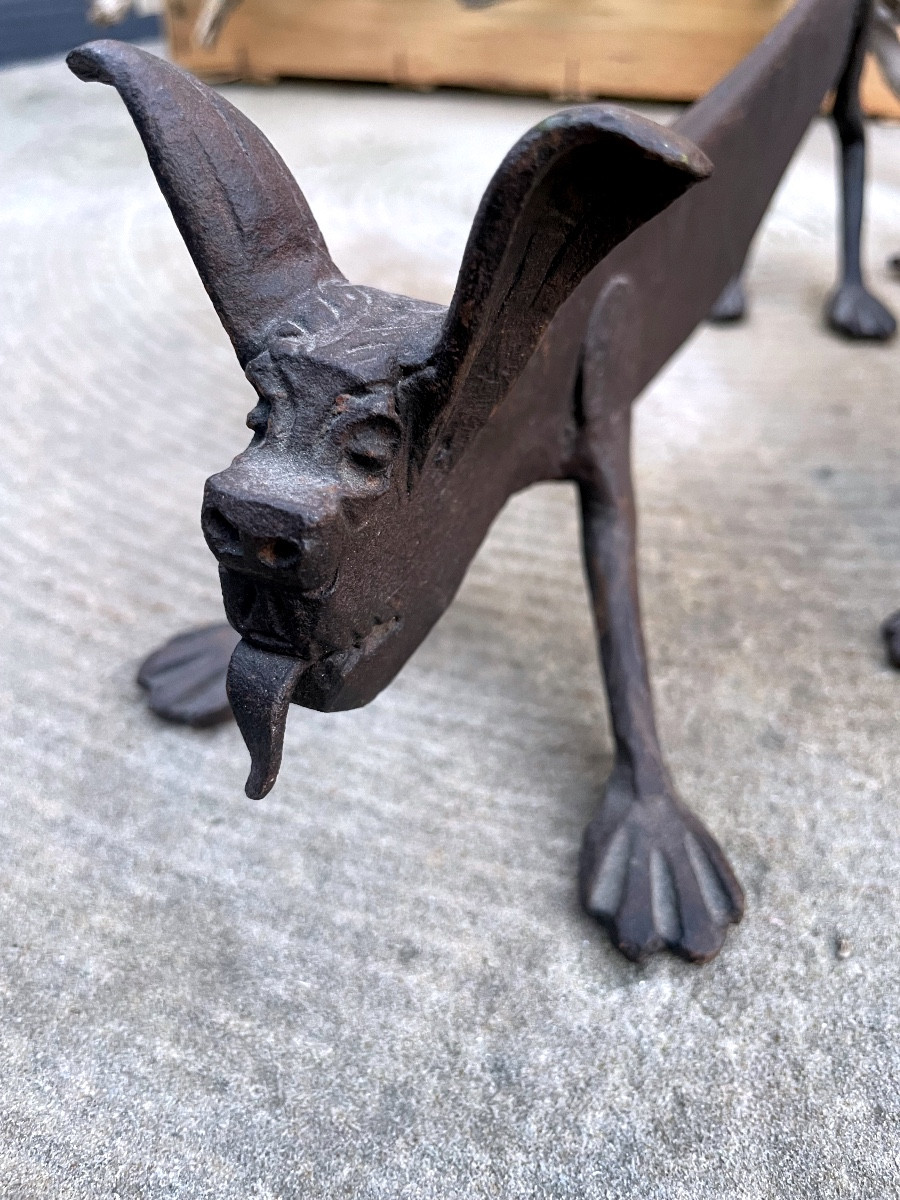 Pair Of Wrought Iron Andirons - Stylized Dogs-photo-2