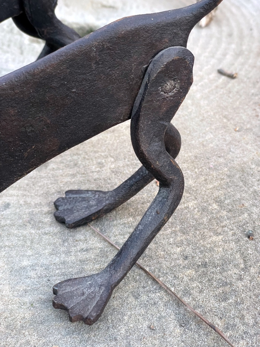 Pair Of Wrought Iron Andirons - Stylized Dogs-photo-3