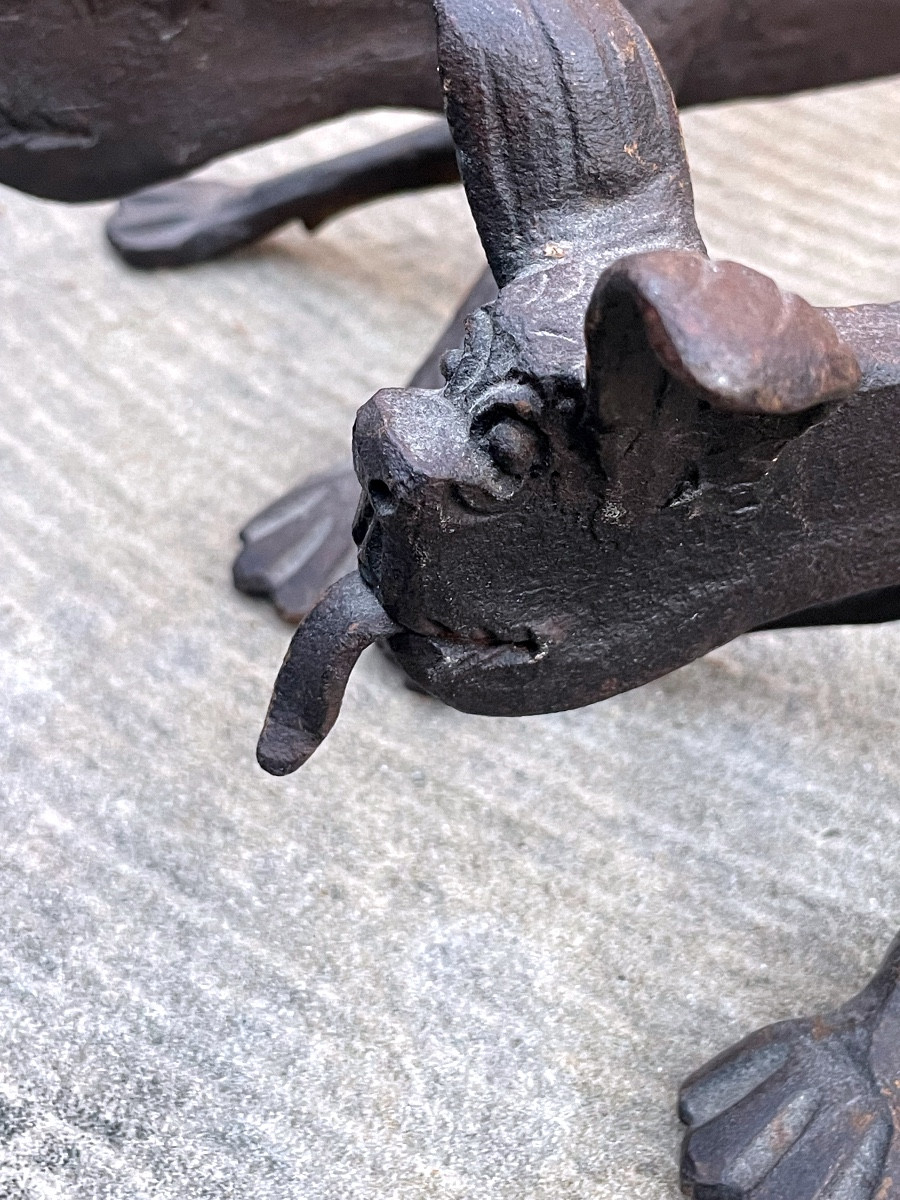 Pair Of Wrought Iron Andirons - Stylized Dogs-photo-4