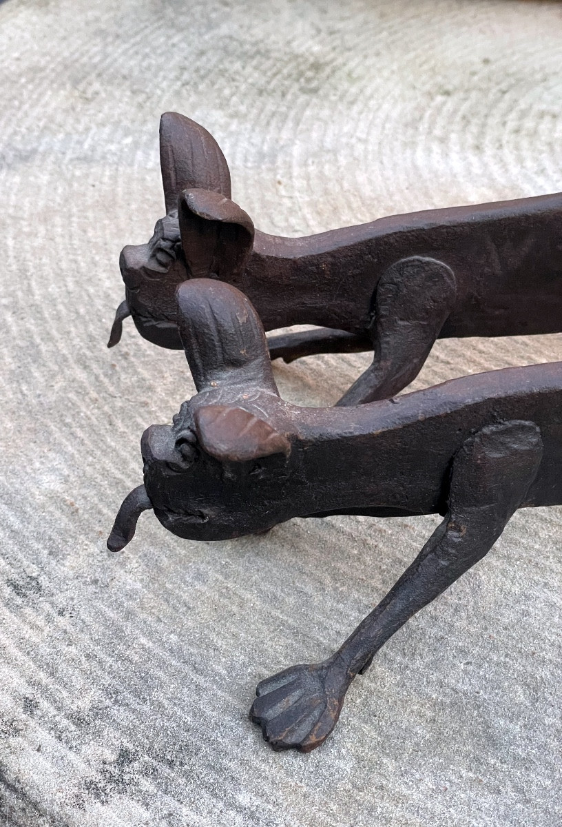 Pair Of Wrought Iron Andirons - Stylized Dogs-photo-2