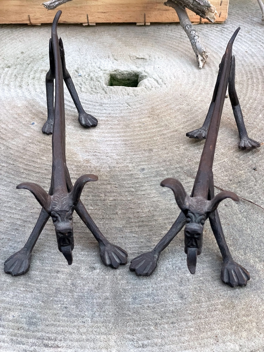 Pair Of Wrought Iron Andirons - Stylized Dogs-photo-3