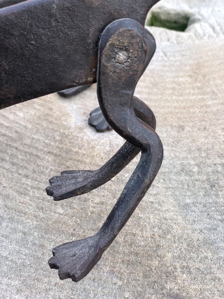 Pair Of Wrought Iron Andirons - Stylized Dogs-photo-5